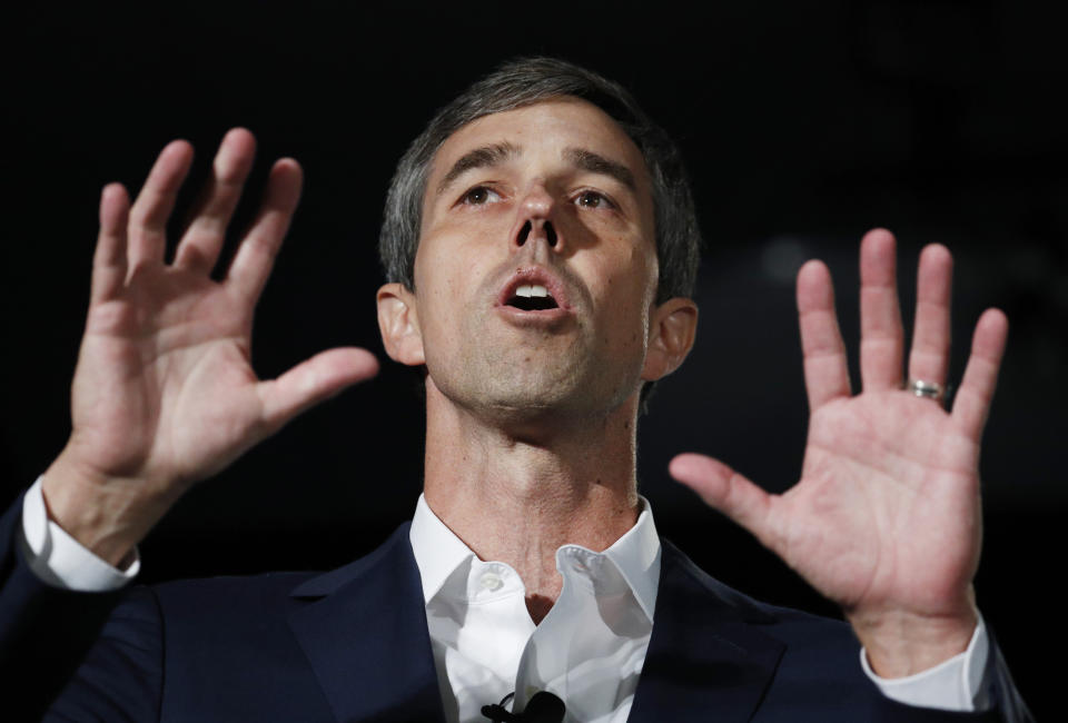 FILE - In this Aug. 3, 2019 file photo, Democratic presidential candidate and former Texas Rep. Beto O'Rourke speaks during a public employees union candidate forum in Las Vegas. (AP Photo/John Locher)
