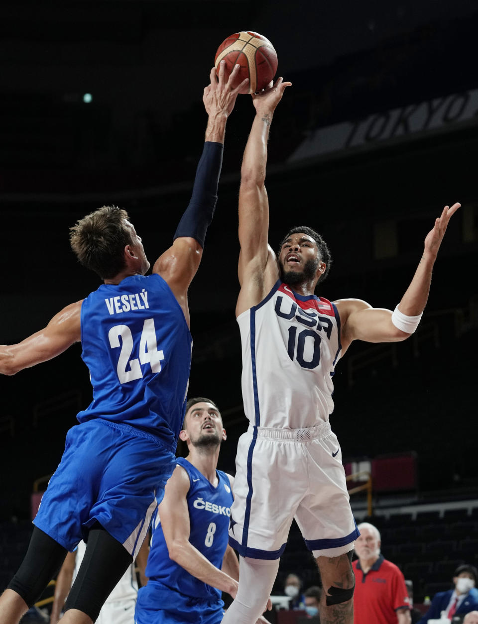 United States's Jayson Tatum (10) is blocked by Czech Republic's Jan Vesely (24) during a men's basketball preliminary round game at the 2020 Summer Olympics, Saturday, July 31, 2021, in Saitama, Japan. (AP Photo/Eric Gay)