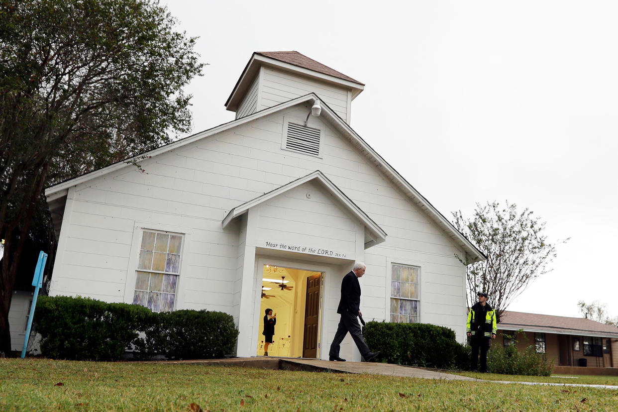 FILE - In this Nov. 12, 2017, file photo, a man walks out of the memorial for the victims of a shooting at Sutherland Springs First Baptist Church in Sutherland Springs, Texas. A South Texas church where a gunman in 2017 opened fire and killed more than two dozen congregants will unveil a new sanctuary and memorial room honoring the victims. Worshippers and relatives of those killed or injured at the First Baptist Church in Sutherland Springs are expected to gather at the newly constructed church on Sunday, May 19, 2019. (AP Photo/Eric Gay, File) (Eric Gay / AP file)