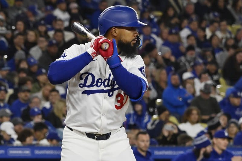 Los Angeles Dodgers right fielder Teoscar Hernandez recorded two hits and two RBIs Monday in Phoenix. File Photo by Jim Ruymen/UPI