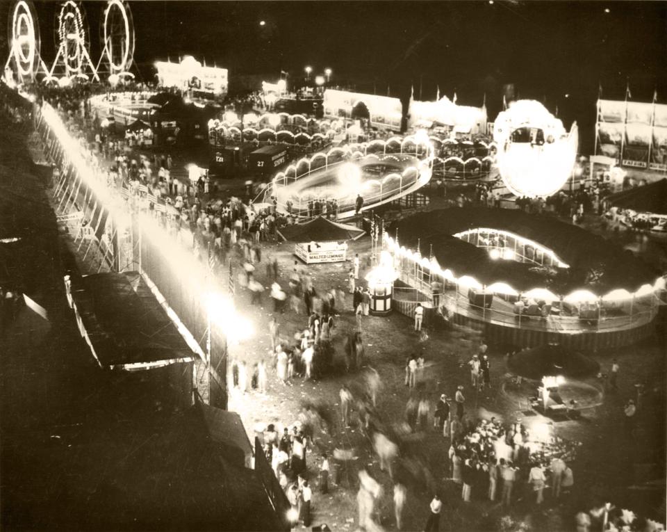A bird's-eye view of the Iowa State Fair midway, circa 1940.