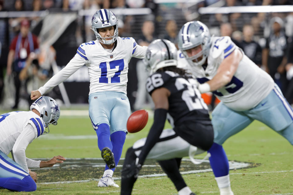 Dallas Cowboys kicker Brandon Aubrey kicks a field goal against the Las Vegas Raiders. (AP Photo/Steve Marcus)