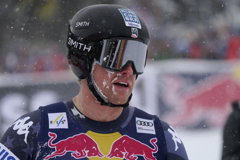 United States' Ryan Cochran Siegle rarrives at the finish area during an alpine ski, men's World Cup downhill race in Kitzbuehel, Austria, Saturday, Jan. 21, 2023. (AP Photo/Giovanni Auletta)