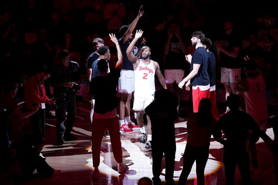 Feb 18, 2024; Columbus, Ohio, USA; Ohio State Buckeyes guard Bruce Thornton (2) is introduced prior to the NCAA men’s basketball game against the Purdue Boilermakers at Value City Arena.