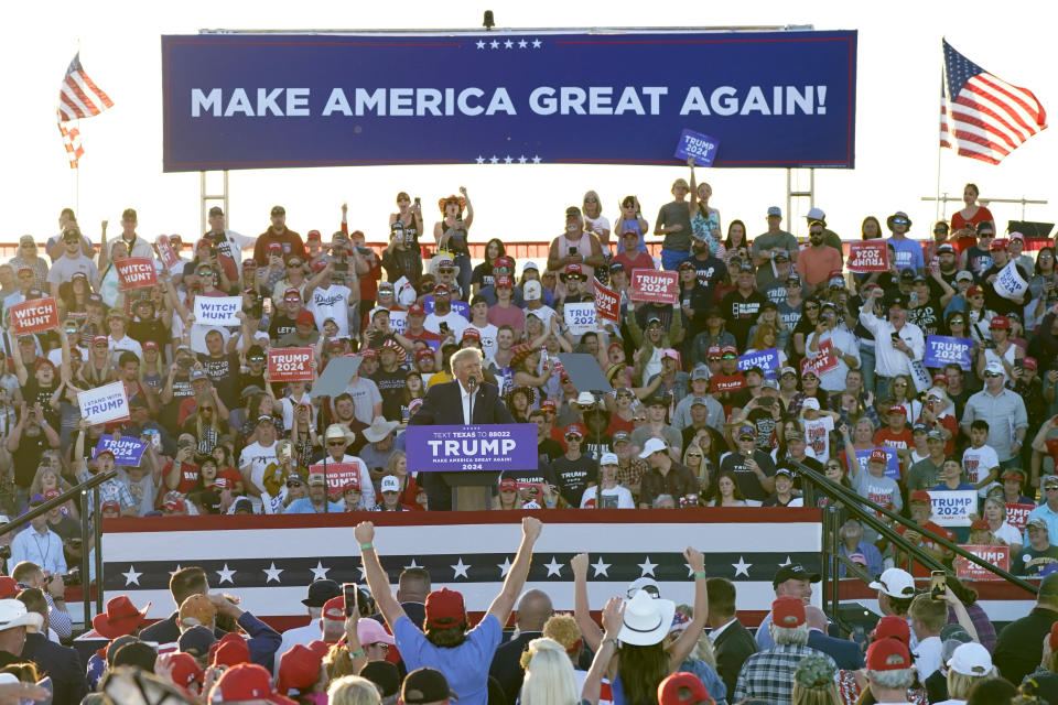 Former President Donald Trump speaks at a campaign rally at Waco Regional Airport Saturday, March 25, 2023, in Waco, Texas. (AP Photo/Nathan Howard)