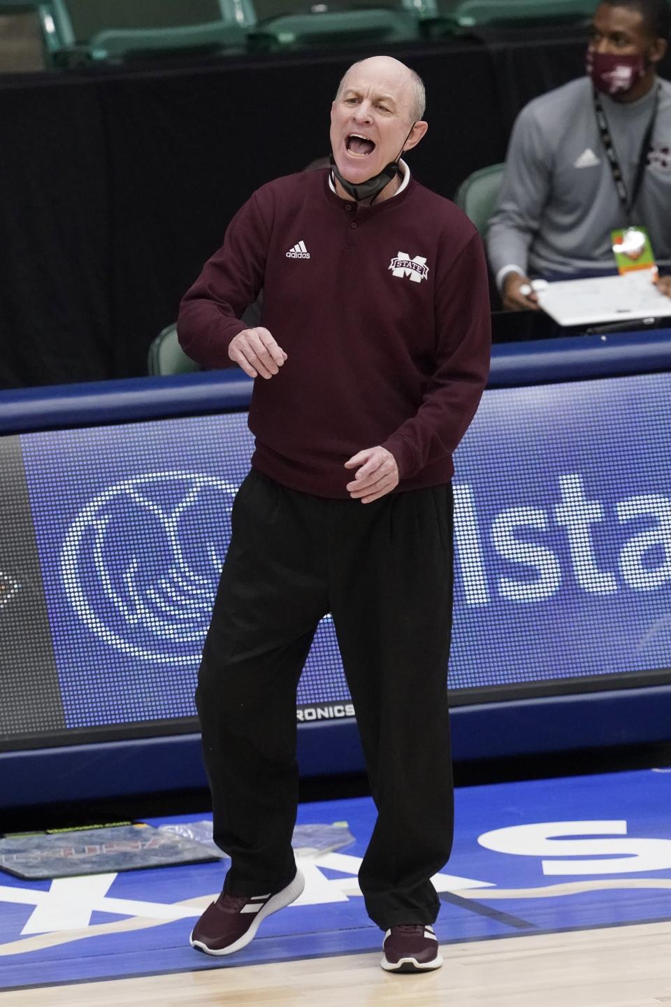 Mississippi State head coach Ben Howland instructs his team in the first half of an NCAA college basketball game against Louisiana Tech in the semifinals of the NIT, Saturday, March 27, 2021, in Frisco, Texas. (AP Photo/Tony Gutierrez)