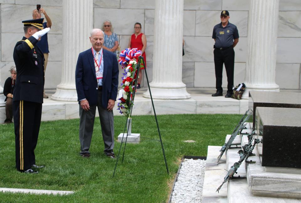 Brigadier Gen. Andrew F. Scarcella salutes after assisting Dr. Warren G. Harding III in laying a wreath at the tomb of President Warren G. Harding on Saturday at the Harding Memorial on Delaware Avenue in Marion. The wreath-laying ceremony is an annual tradition that was conducted for many years before being written into the U.S. Army Regulations in 1980. This year marks the 100th anniversary of President Harding's death while on his famous Voyage of Understanding in the summer of 1923.