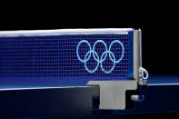 A detail view of a table tennis net displaying the Olympic rings on Day 1 of the London 2012 Olympic Games at ExCeL on July 28, 2012 in London, England. (Photo by Feng Li/Getty Images)