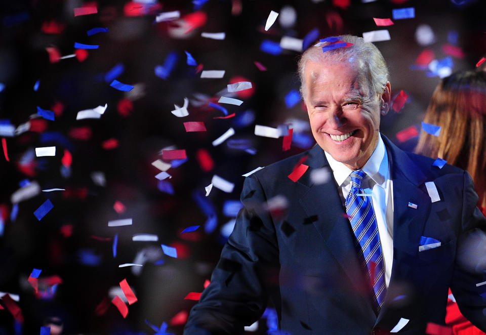 US Vice President Joe Biden celebrates on election night November 7, 2012 in Chicago, Illinois. Republican Presidential candidate Mitt Romney has conceded the race to US President Barack Obama.    AFP PHOTO / Robyn Beck        (Photo credit should read ROBYN BECK/AFP/Getty Images)