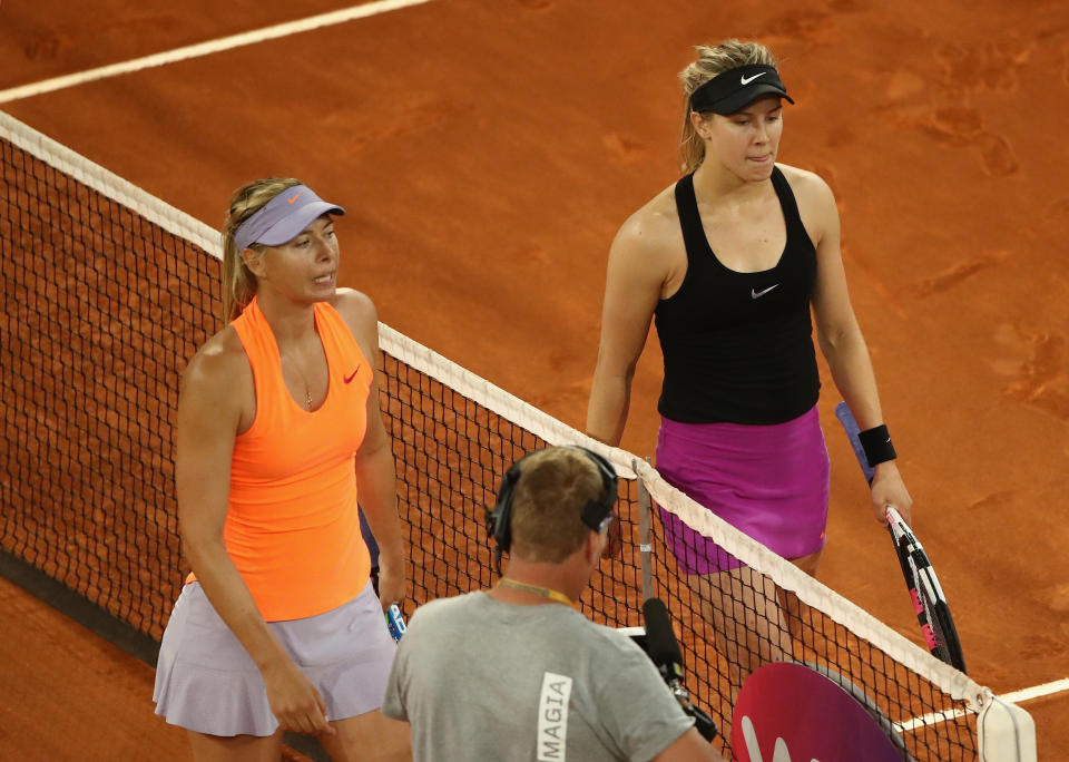 Eugenie Bouchard and Maria Sharapova, pictured here at the Madrid Open in 2017.