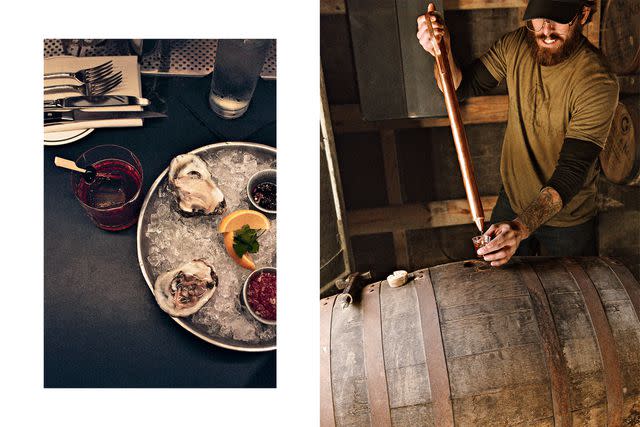 <p>Ashley Camper</p> From left: An Old-Fashioned and oysters at Repeal; sampling from the barrel at Castle & Key.