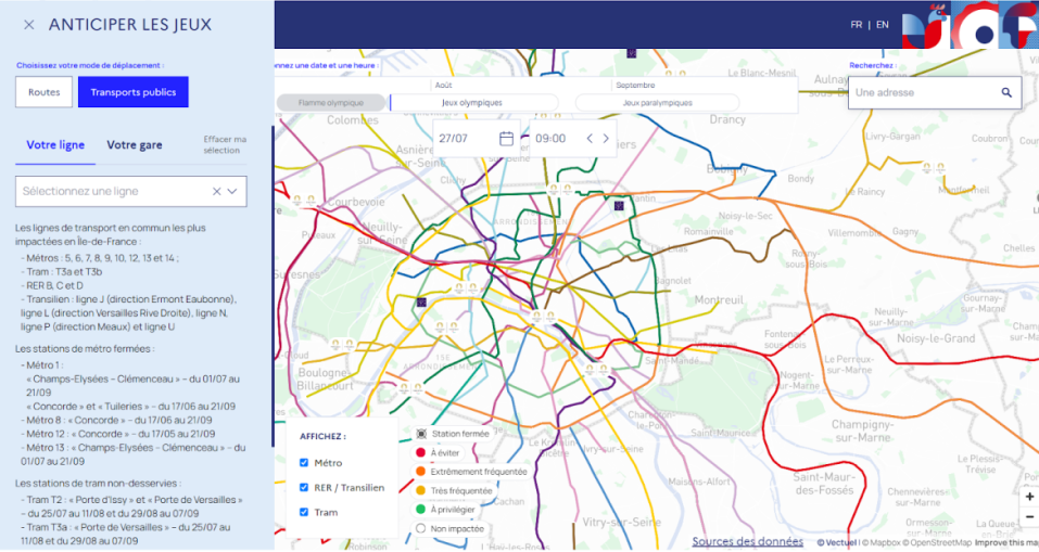 巴黎奧運互動式地圖，以顏色分類各地鐵站點的每小時預期人潮。圖／截自　Anticiper les Jeux