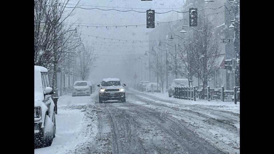 A look down East Main Street in Belleville after more than 2 inches of snow had fallen by 1:30 p.m. on Friday, Feb. 16, 2024.