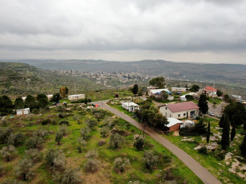 An aerial view shows Har Hemed, an Israeli settlement outpost located near the settlement of Kedumim, in the northern Israeli-occupied West Bank