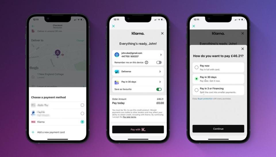 The three payment options offered by Klarna on Deliveroo (Klarna/Deliveroo)