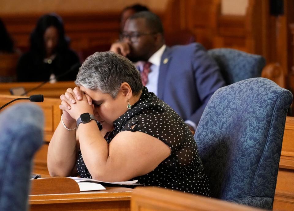 Ald. JoCasta Zamarripa reacts after a yes vote during a vote on whether to implement a 2% sales tax at Common Council Chambers in Milwaukee City Hall on Tuesday, July 11, 2023. The sales tax is to help the city avoid a fiscal cliff that would decimate city services.