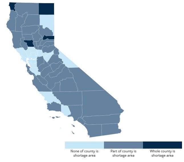 California counties with doctor shortages as of January 2024, according to the U.S. Department of Health and Human Services.