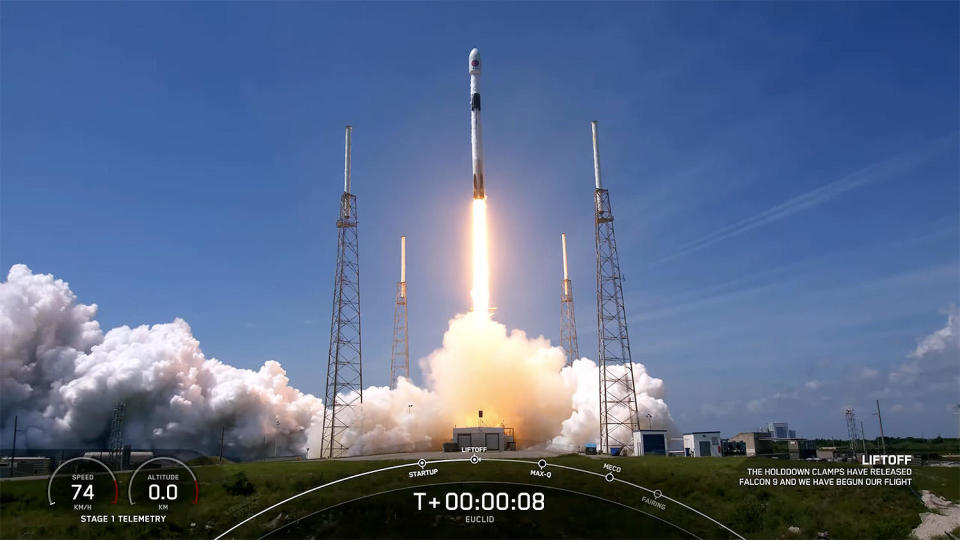 A SpaceX Falcon 9 rocket thunders away from the Cape Canaveral Space Force Station, boosting the European Space Agency's Euclid space telescope on a trajectory to deep space where it will probe the nature of unseen dark matter and the equally mysterious dark energy speeding up the expansion of the universe. / Credit: SpaceX