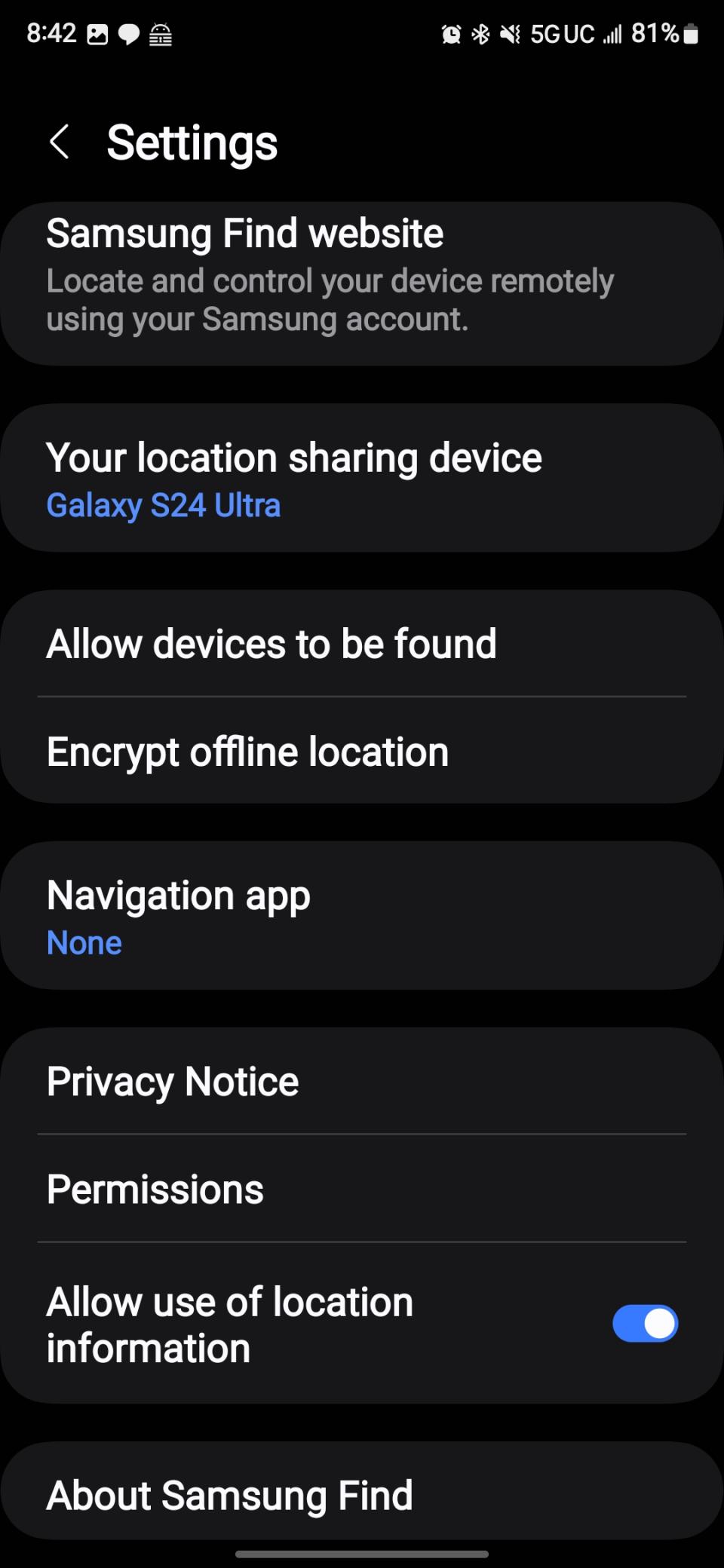 Samsung Find app settings