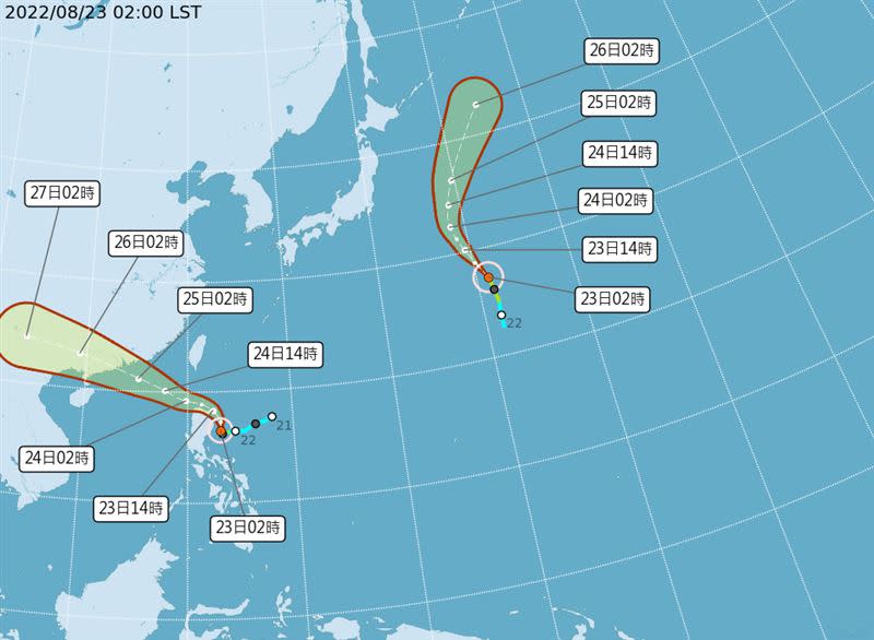 馬鞍颱風路徑（左），外圍環流預估明日開始影響台灣。（圖／中央氣象局）