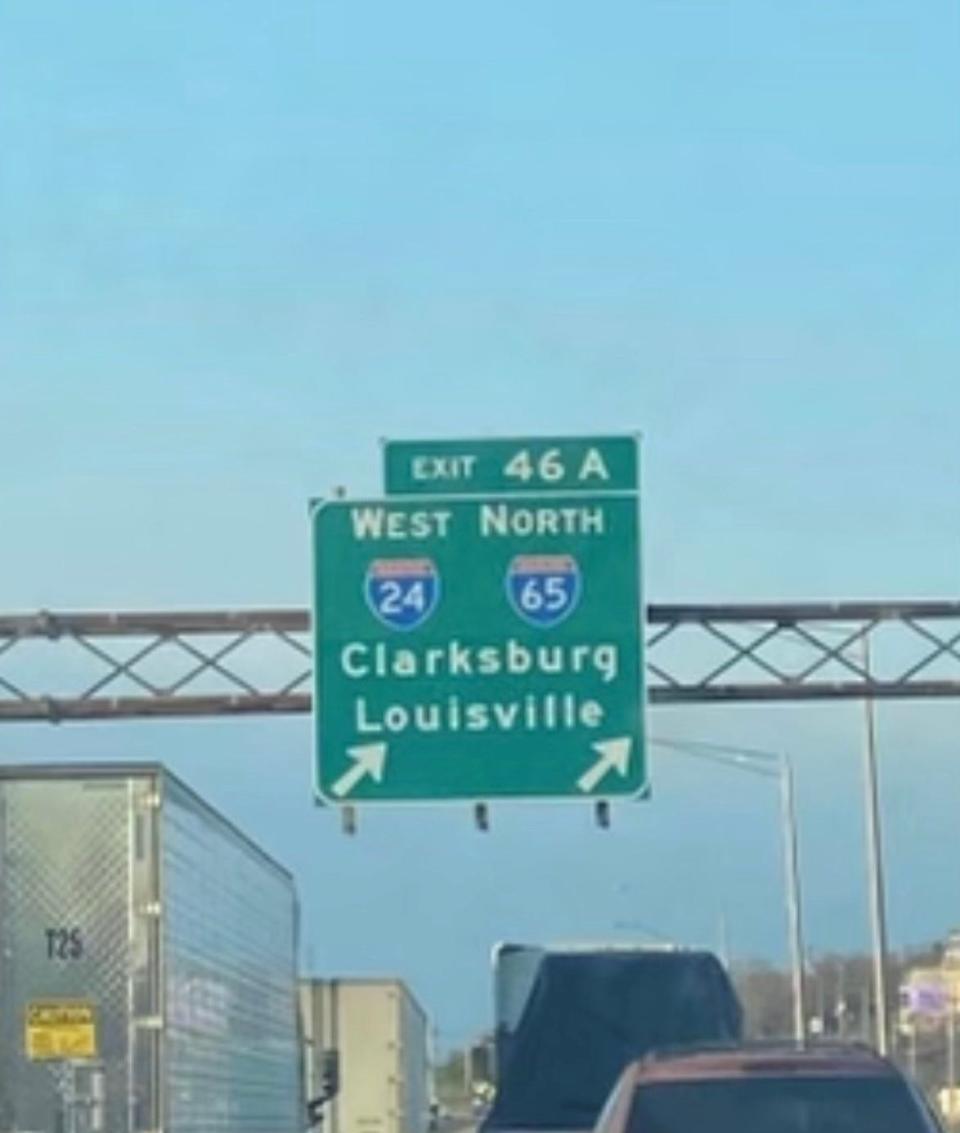 The Tennessee Department of Transportation was called in to make a sign fix in Nashville Thursday evening. Drivers headed west on Interstate 24 toward Clarksville were greeted this week by an I-24/I-65 sign pointing toward Clarksburg and Louisville.