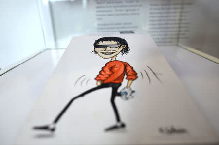 Kurt Cobain's childhood drawing of pop star Michael Jackson is displayed. REUTERS/Clodagh Kilcoyne