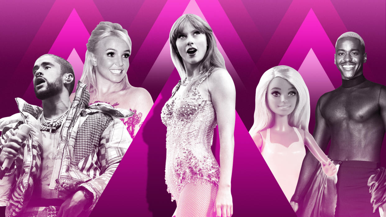  Photo montage of Taylor Swift, Britney Spears, Bad Bunny, Ncuti Gatwa and a Barbie doll. 