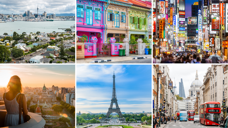 Pictured: Auckland, Singapore, Tokyo, Buenos Aires, Paris and London. Images: Getty