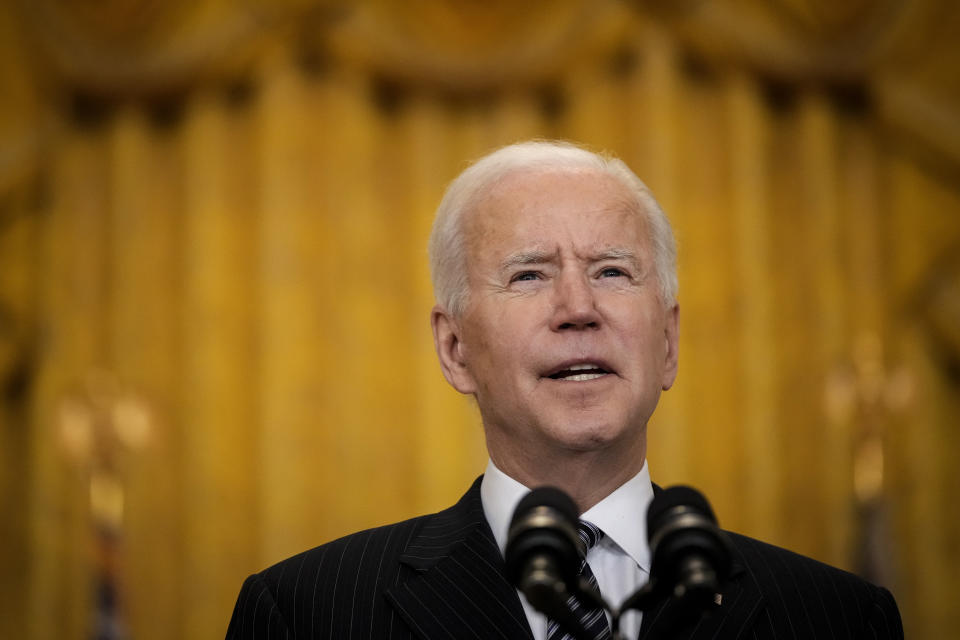 WASHINGTON, DC - MARCH 18: U.S. President Joe Biden speaks in the East Room of the White House on March 18, 2021 in Washington, DC. President Biden announced that his administration will meet his goal of administering 100 million COVID-19 vaccine doses in 100 days tomorrow, 58 days after taking office. (Photo by Drew Angerer/Getty Images)