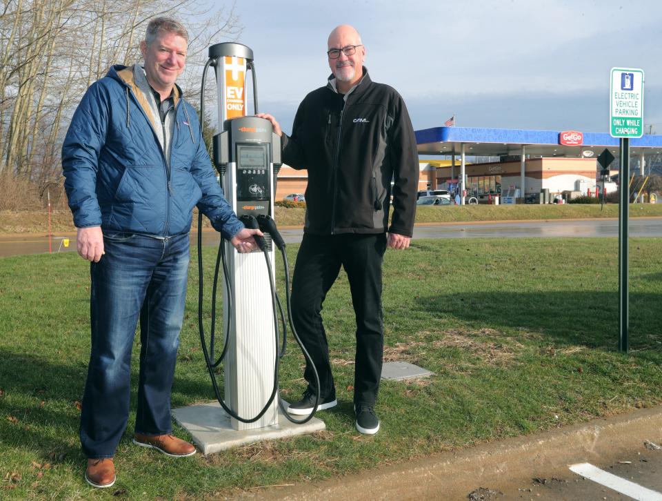 Michael Mockbee, left, CAM vice president of client relations, and Rick Rebadow, vice president of business development, show the new EV Charging Station at the Shops of Green on Thursday.