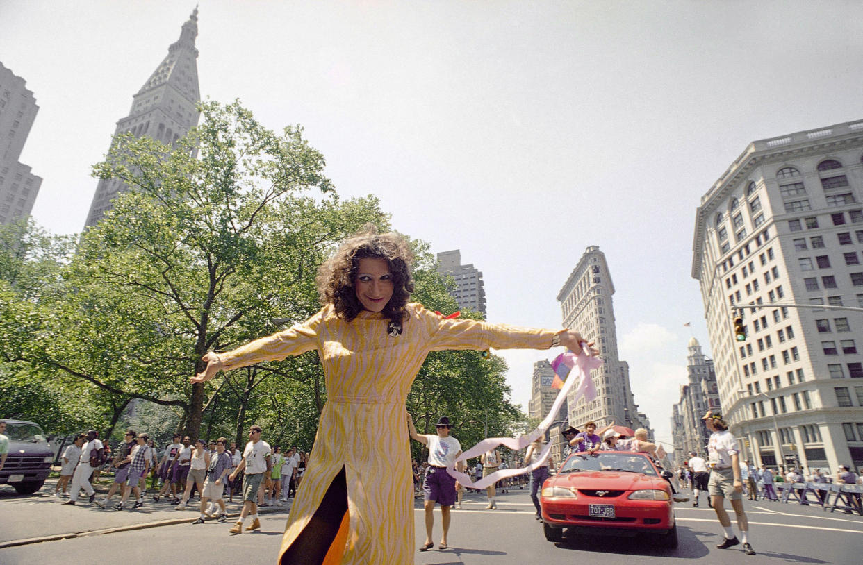 Sylvia Rivera leads the ACT-UP march past New York’s Union Square Park on June 26, 1994. (Justin Sutcliffe / AP file)