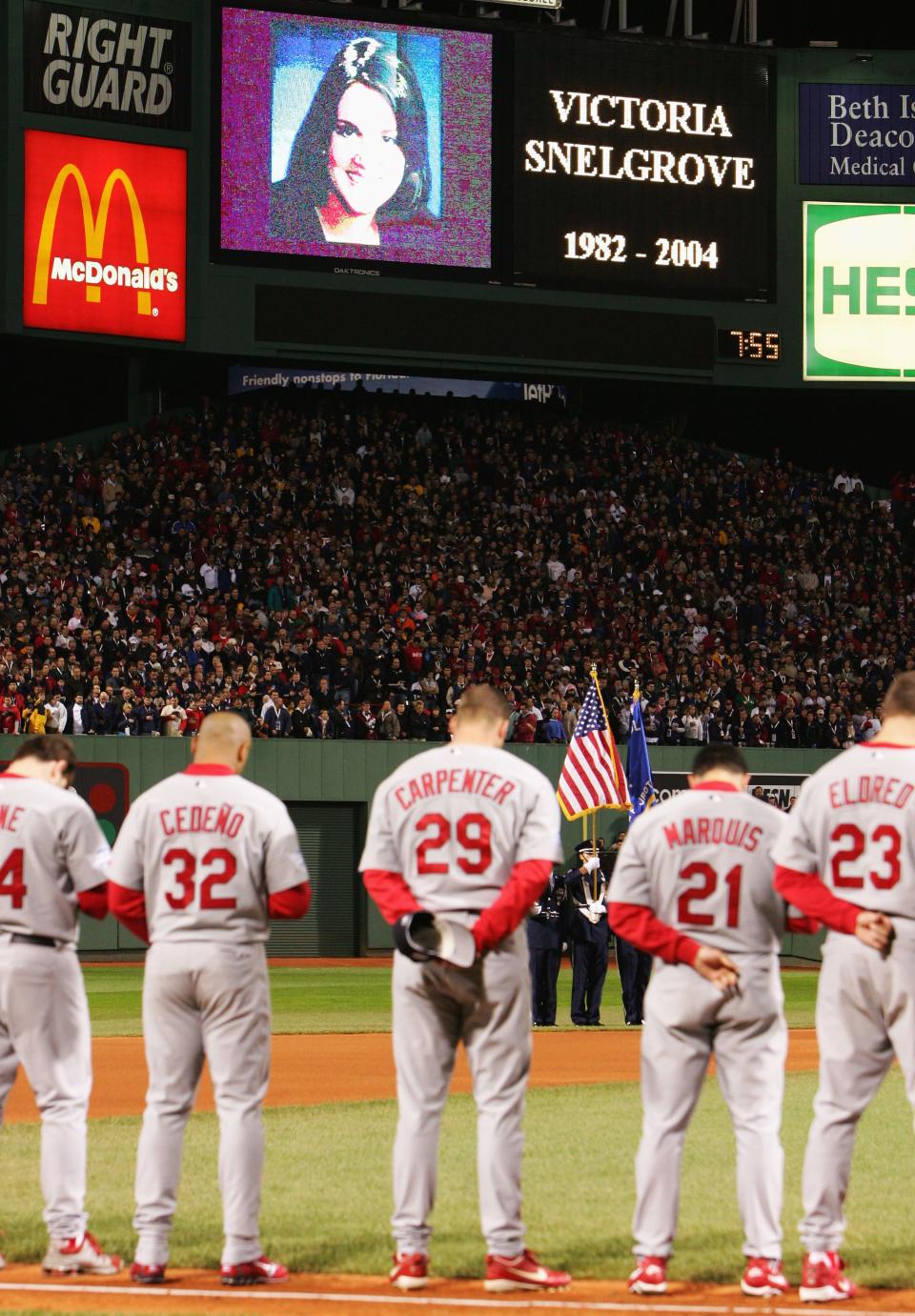 BOSTON - OCTOBER 23:  The stadium takes a moment of silence during game one of the World Series in memory of Victoria Snelgrove who was killed following game seven of the ALCS  between the Boston Red Sox and the St. Louis Cardinals.