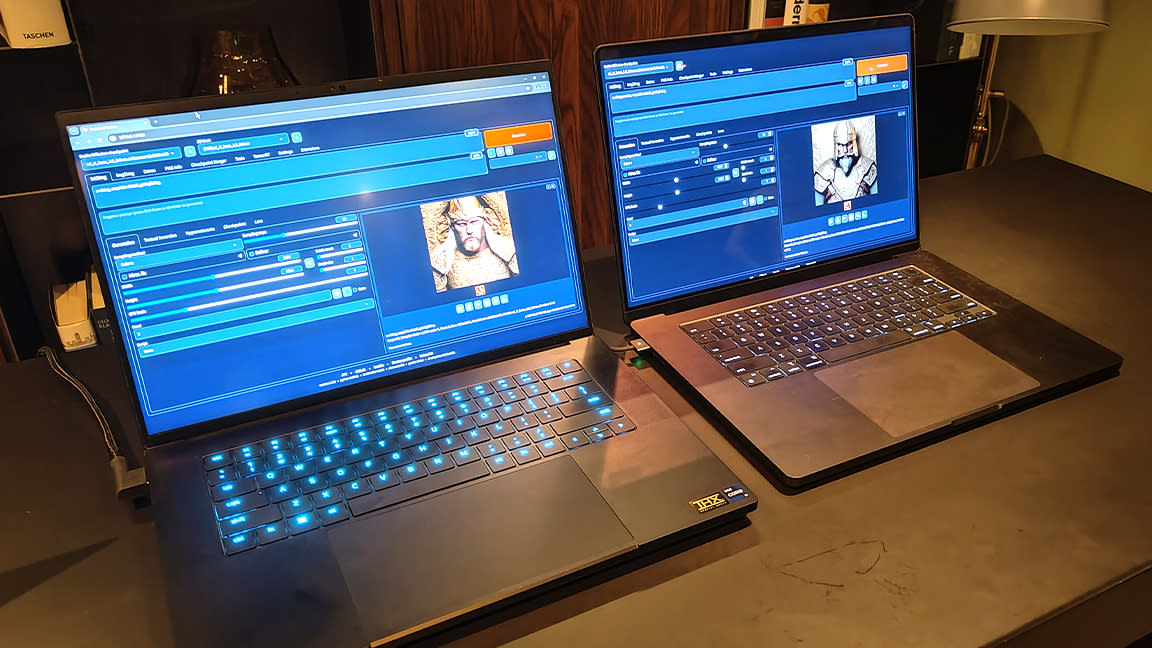  Nvidia RTX vs M3 Max; two laptops on a wooden table. 