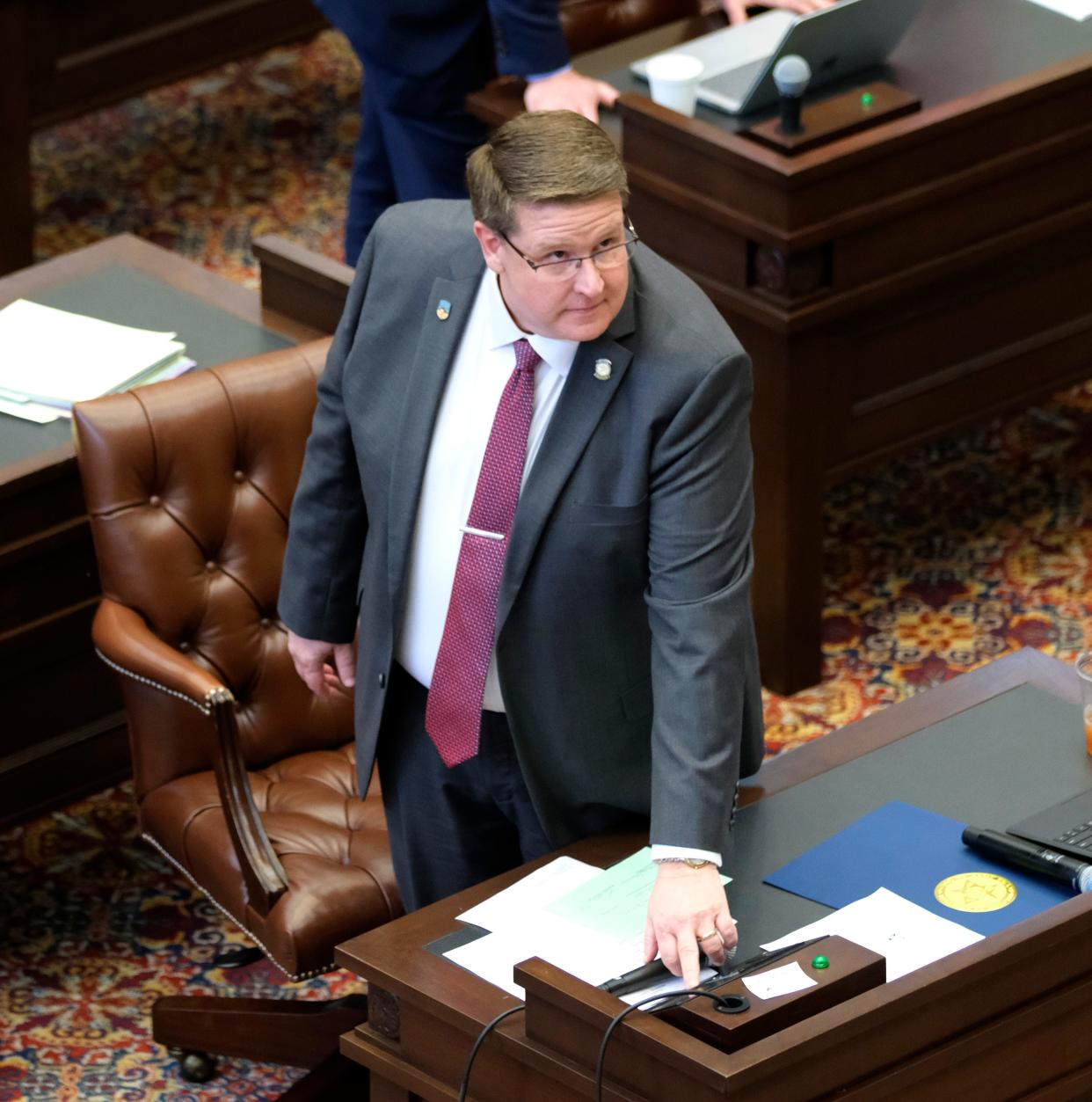 Sen. Greg McCourtney votes Monday during a session at the Oklahoma Capitol.