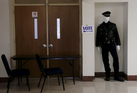 FILE PHOTO: A sign marking the location of the polling station for the Wisconsin presidential primary election is seen at the Milwaukee Police Safety Academy in Milwaukee, Wisconsin, U.S. April 5, 2016. REUTERS/Jim Young/File Photo