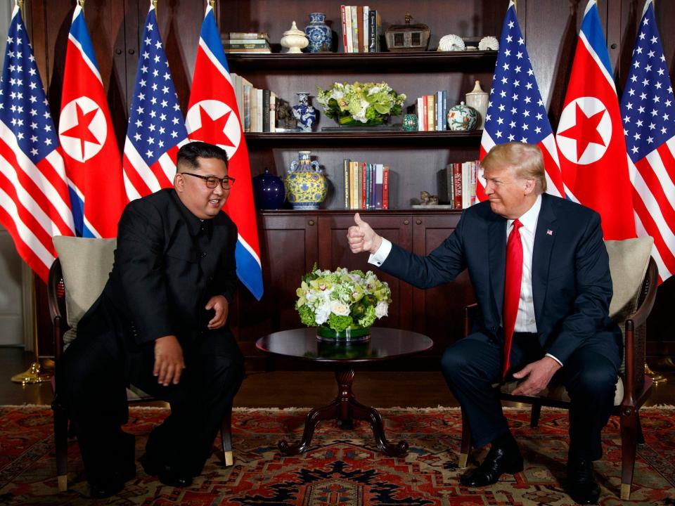 Then-President Donald Trump meets with North Korean leader Kim Jong Un on Sentosa Island in 2018.