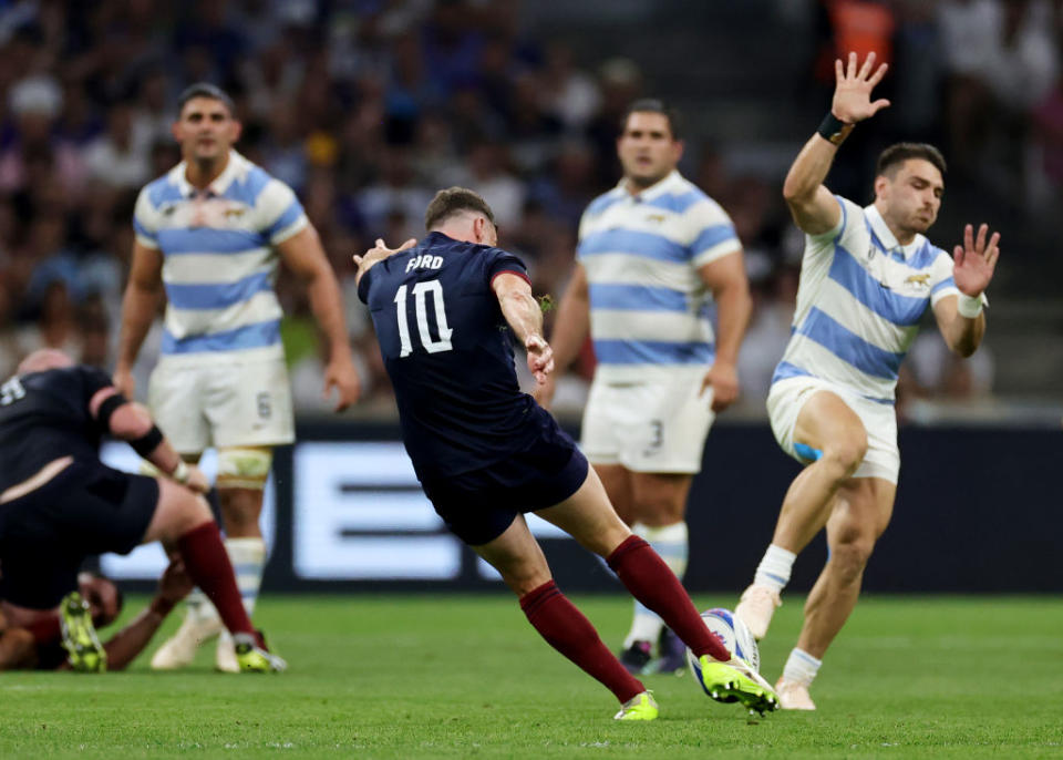 MARSEILLE, FRANCE - SEPTEMBER 09: George Ford of England successfully scores a drop goal during the Rugby World Cup France 2023 match between England and Argentina at Stade Velodrome on September 09, 2023 in Marseille, France. (Photo by David Rogers/Getty Images)