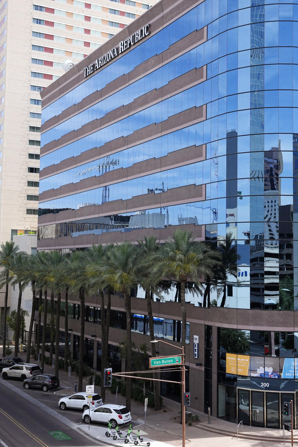 The Arizona Republic building is seen on Monday, June 5, 2023, in Phoenix. The strike against the parent company Gannett involves hundreds of journalists at newspapers in eight states, including the Arizona Republic. (AP Photo/Ross D. Franklin)