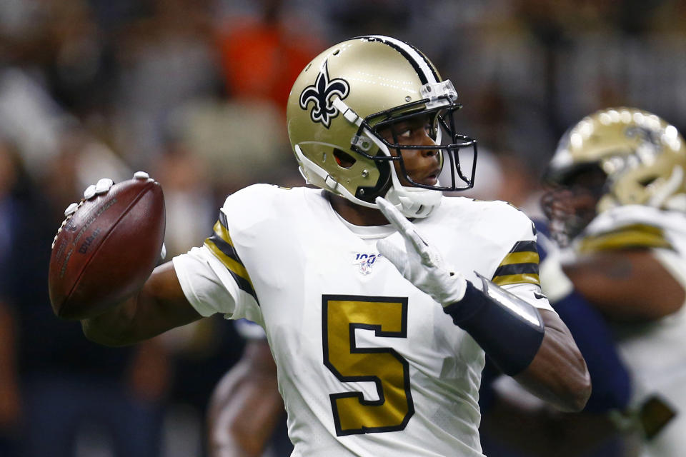 New Orleans Saints quarterback Teddy Bridgewater (5) drops back to pass in the first half of an NFL football game against the Dallas Cowboys in New Orleans, Sunday, Sept. 29, 2019. (AP Photo/Butch Dill)