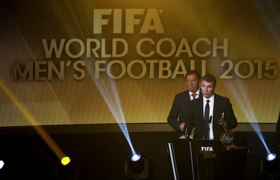 FIFA men coach of the year Enrique of FC Barcelona stands behind technical secretary Fernandez during the Ballon d'Or 2015 awards ceremony in Zurich