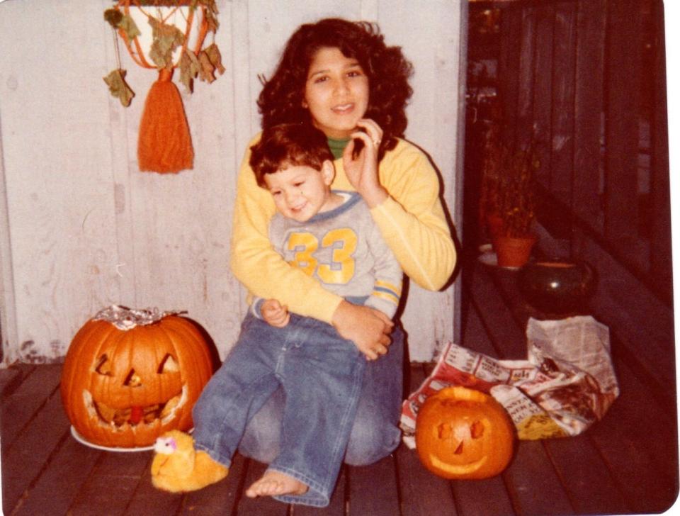 Terri Paige and her eldest son Jason carving pumpkins in 1984.