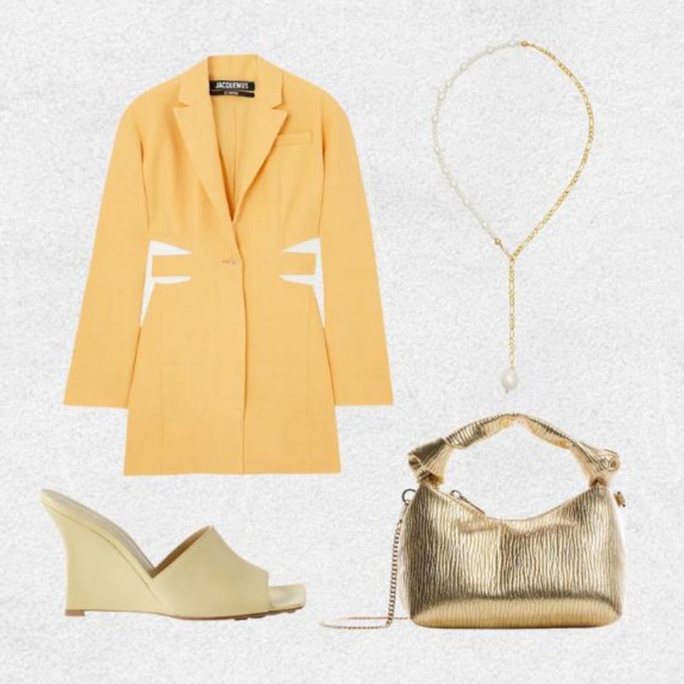 Mango-coloured blazer dress styled with gold bag, pearl necklace and mules 