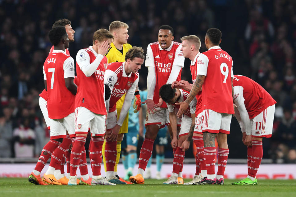 Rob Holding of Arsenal, Gabriel and teammates look dejected after conceding their side's second goal scored by Theo Walcott of Southampton (not pictured) during the Premier League match between Arsenal FC and Southampton FC at Emirates Stadium on April 21, 2023 in London, England.