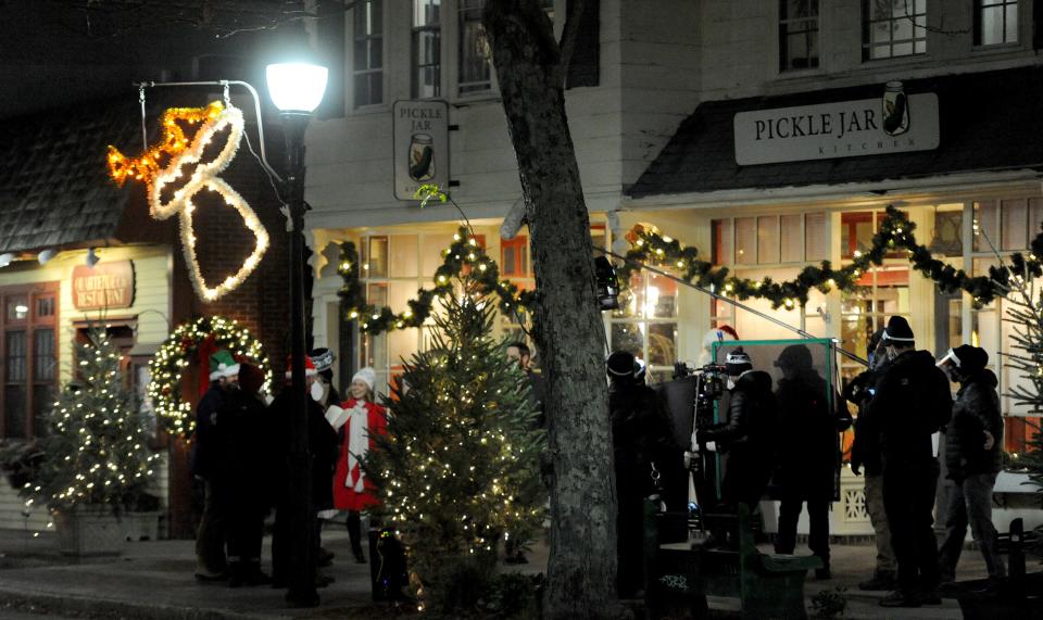 A section of Main Street in Falmouth became part of a Christmas stroll scene a year ago for the TV holiday-romance movie "A Cape Cod Christmas." Its stars will be back this weekend for the town's real holiday festivities.