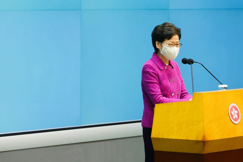 Hong Kong Chief Executive Carrie Lam speaks during a news conference over planned changes to the electoral system, in Hong Kong