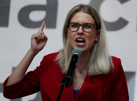 Russian opposition politician Lyubov Sobol addresses demonstrators during a rally in Moscow