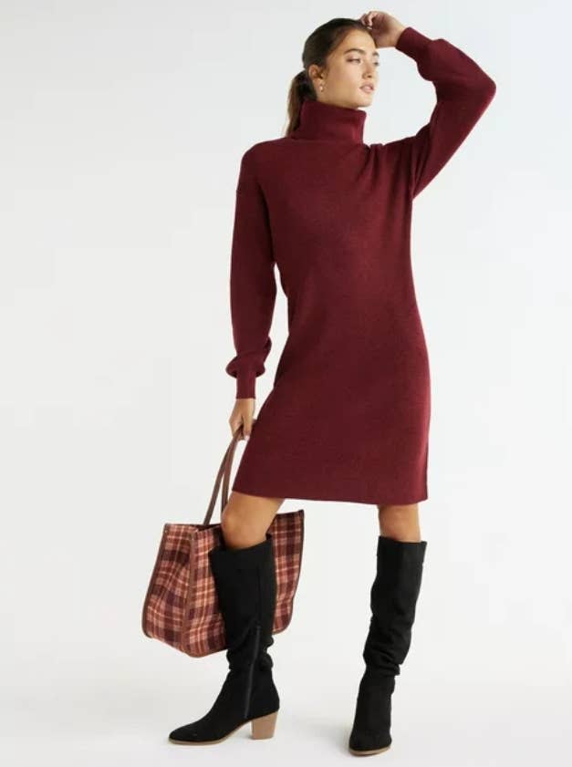 red turtleneck dress on model