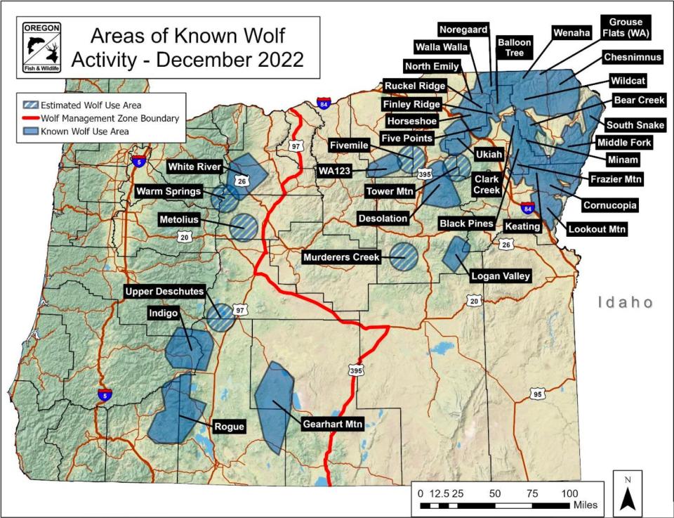 Map of areas where wolves live in Oregon.