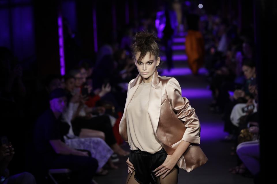 Kaia Gerber models fashion from the Tom Ford collection on Monday, Sept. 9, 2019, in New York. (AP Photo/Frank Franklin II)