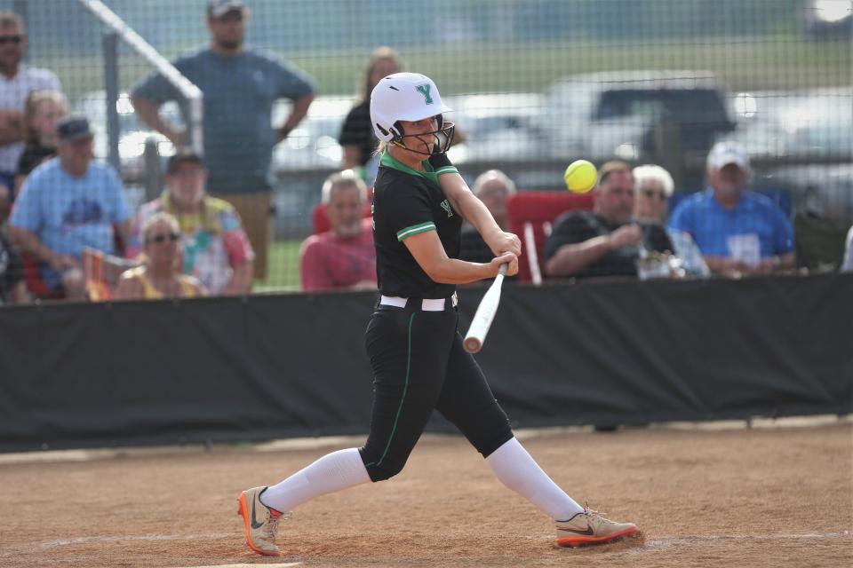 Yorktown softball's Emma Reynolds bats in the team's regional championship game at Peru on Tuesday, May 30, 2023.